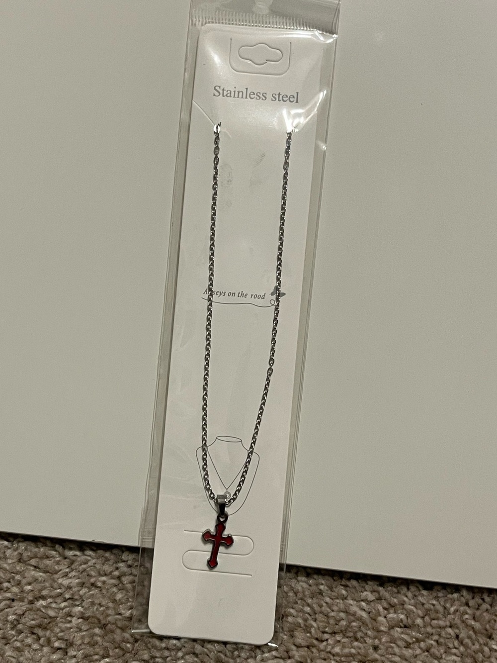 Stainless Steel Necklace with Red Cross Pendant